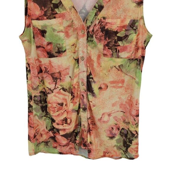 BCBGMaxAzaria Sleeveless Blouse Top L Floral Mesh Button Down V-neck Feminine - Picture 9 of 14